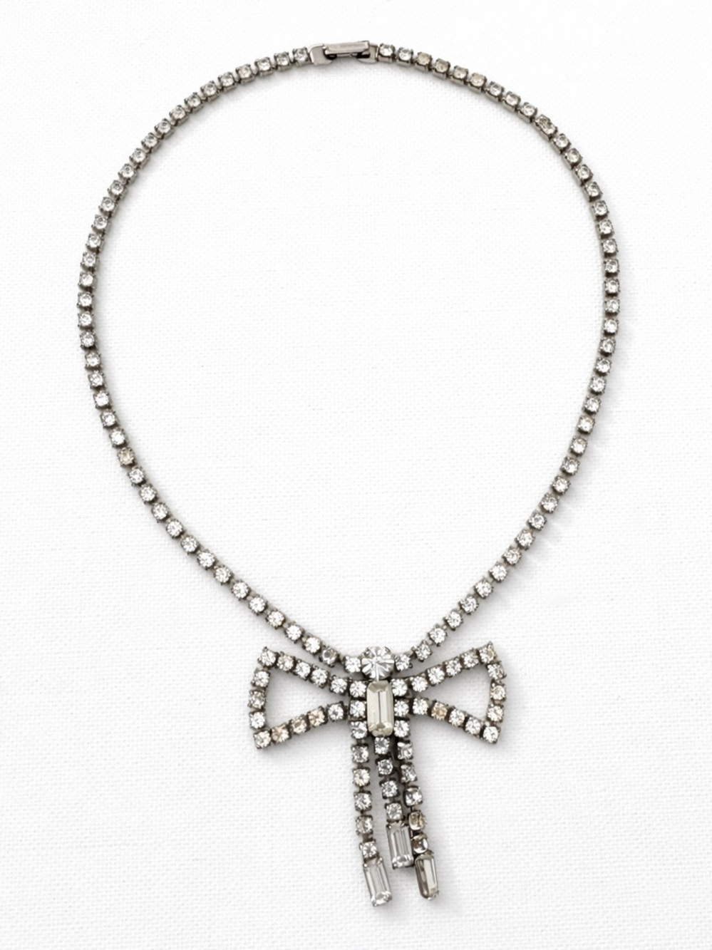Vintage Silver Tone Crystals Bow Pendant Necklace